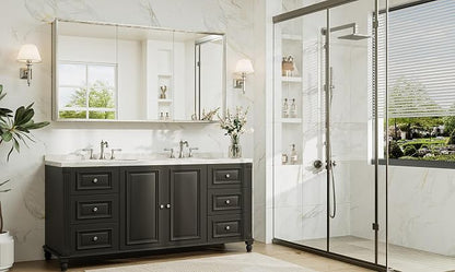 60 x 32 Brushed Nickel Recessed Medicine Cabinet with Mirror, Assembly Required, Bathroom Medicine Cabinet with Mirror, Stepless Adjustable Shelves, Beveled Aluminum Frame, DTC Hinge