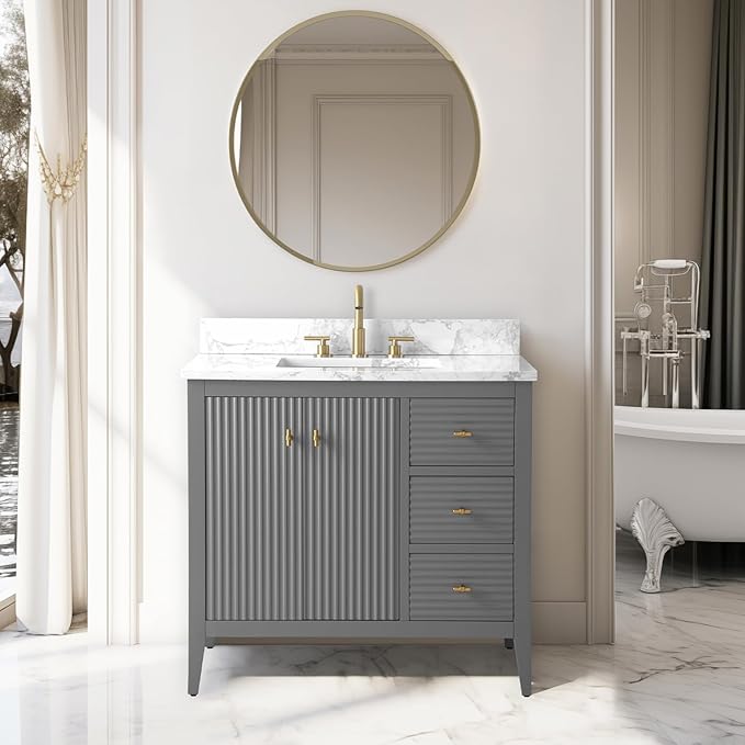 Vanity Art 36 inch Bathroom Vanity with Single Sink & Ceramic Top, Vanity Cabinet with Soft-Closing Door, Solid Wood Frame, Linear Pattern, Cashmere Gray, Golden Brushed Handware VA9136-G-GB