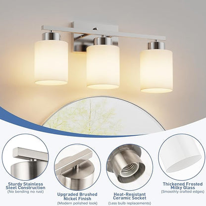 PARTPHONER 3-Light Brushed Nickel Bathroom Light Fixtures, Modern Vanity Light Over Mirror Lighting, Wall Sconce with Frosted Milky White Glass Shades for Bedroom Living Room Kitchen Hallway