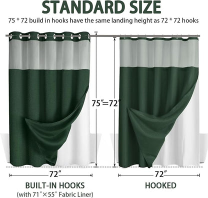 No Hook Shower Curtain and Liner Set,Dark Green Hotel Waffle Shower Curtain with Liner 75" L x 72" W