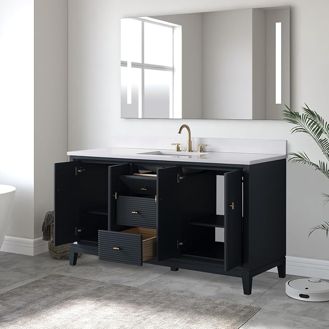 Vanity Art 60" Bathroom Vanity with Single Sink & Arabescato White Engineered Stone Top, Soft Closing Door, Solid Wood Frame, Golden Brushed Handles, Vintage Spruce Blue VA8160S-VSB-GB