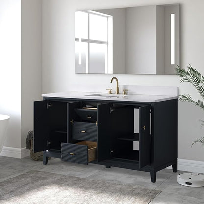 Vanity Art 60" Bathroom Vanity with Single Sink & Arabescato White Engineered Stone Top, Soft Closing Door, Solid Wood Frame, Golden Brushed Handles, Vintage Spruce Blue VA8160S-VSB-GB