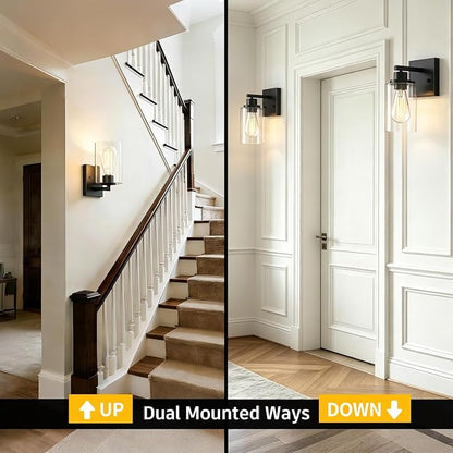 Wall Sconces Set of Two Matte Black Vanity Lights for Bathroom Indoor | Modern Wall Light Fixtures, Sconce Lights with Clear Glass, Farmhouse Lamp for Bedroom, Living Room, Mirror, Hallway E26 Base