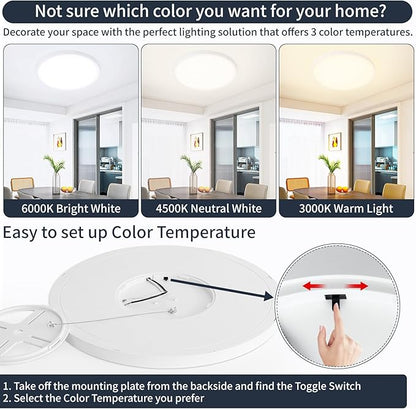 16 Inch Flush Mount Ceiling Light, 32W Dimmable LED Fixture 3200LM, 3000K/4500K/6000K Adjustable, Round Ceiling Lamp for Bedroom, Kitchen, Living Room, Dining Room, Bathroom, White