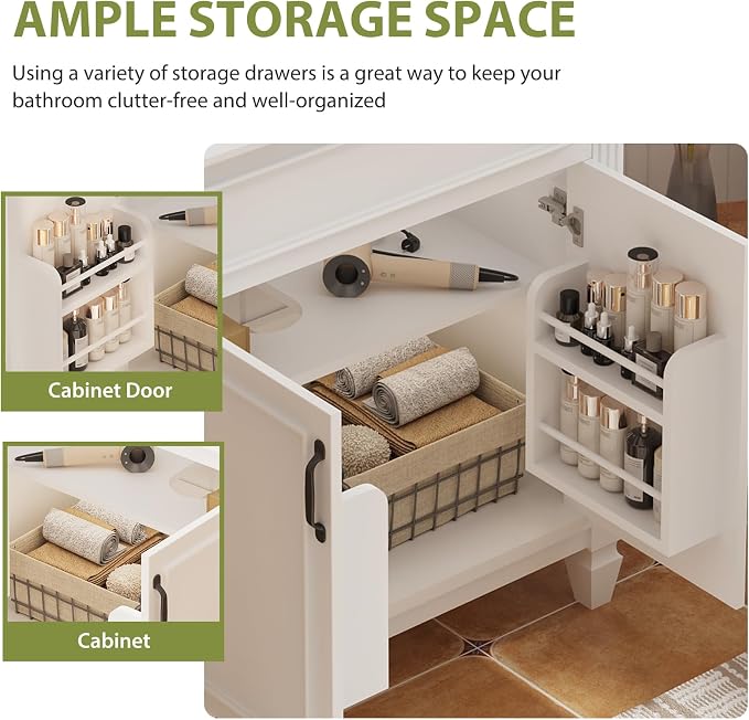 Sweetcrispy 30" Bathroom Vanity with Sink, Bathroom Storage Vanity Sink with 2 Doors, Farmhouse Wooden Free Standing Bathroom Cabinet with Sink, Easy Assembly, NO Mirror Faucet, Ivory & White
