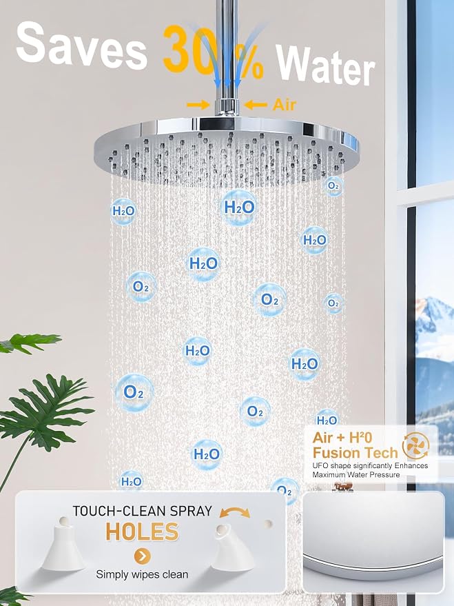 Woindo Shower Faucet Set 10" Rain Shower Head/8'' Side Shower Head and 3 Setting Handheld Ceiling Mount 3 Push Button Diverter Complete Rainfall Round Shower System Included Valve Trim Kit