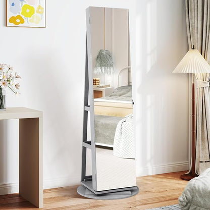 CHARMAID 360° Swivel Jewelry Armoire with Full Length Mirror, Rear Storage Shelves, Lockable Standing Jewelry Cabinet Organizer with Interior Vanity Mirror and 3-Color Lights (Gray)