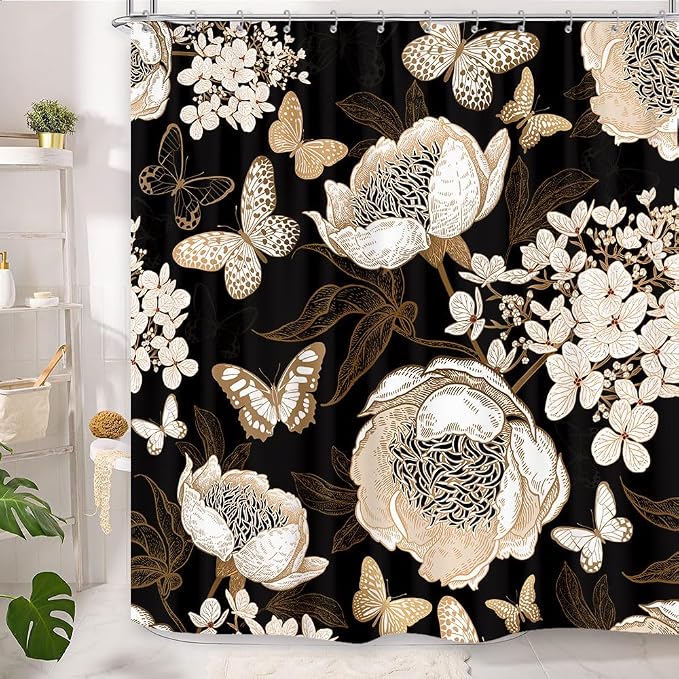 Black and Gold Floral Butterfly Shower Curtain, Boho Dark Flowers Botanical Aesthetic Shower Curtain for Bathroom with Hook, Vintage Moth Farmhouse Unique Chic Shower Curtain Set with Hooks 72X72