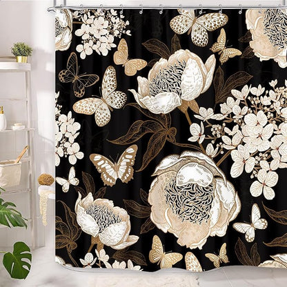 Black and Gold Floral Butterfly Shower Curtain, Boho Dark Flowers Botanical Aesthetic Shower Curtain for Bathroom with Hook, Vintage Moth Farmhouse Unique Chic Shower Curtain Set with Hooks 72X72