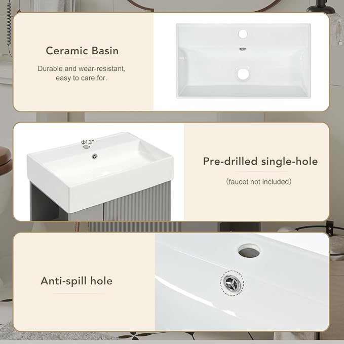 Merax Floating Bathroom Vanity with Sink Combo, 20" Wall Mounted Cabinet with Wood Stripes Decor, Open Shelf, One Piece Sink Basin Bathroom Vanity, Gray