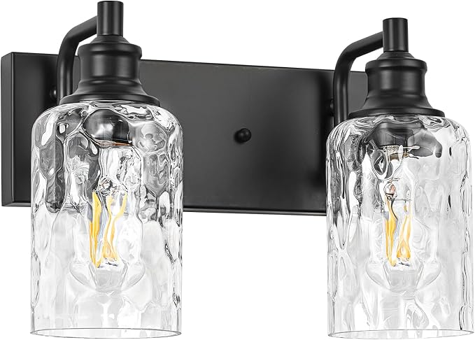 Bathroom Light Fixtures Over Mirror, 2 Lights Vanity Lights with Hammered Glass Shade, 12.7" Matte Black Farmhouse Bathroom Light Fixtures for Bedroom, Porch, Hotel, Mirror Cabinet