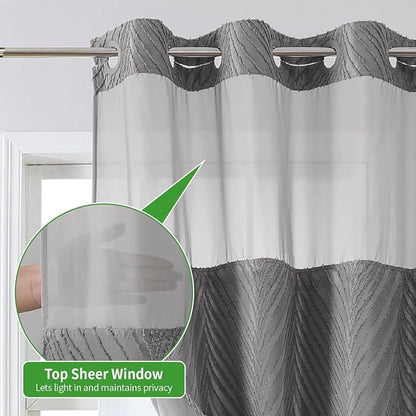 eachope no Hook Shower Curtain and Liner Set，Boho Style with See Through Top Window, Grey Fabric Tufted Striped Textured Outer Curtain & Waterproof Inner Liner, Grey/Gray, 71Wx77H