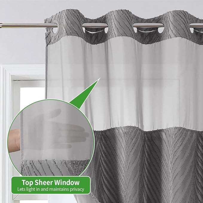 eachope no Hook Shower Curtain and Liner Set，Boho Style with See Through Top Window, Grey Fabric Tufted Striped Textured Outer Curtain & Waterproof Inner Liner, Grey/Gray, 71Wx86H