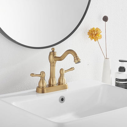 GGStudy Antique Brass Bathroom Faucet 2 Handles 4 Inches Centerset RV Bathroom Vanity Faucet with Drain Assembly and Supply Hose Lavatory Faucet