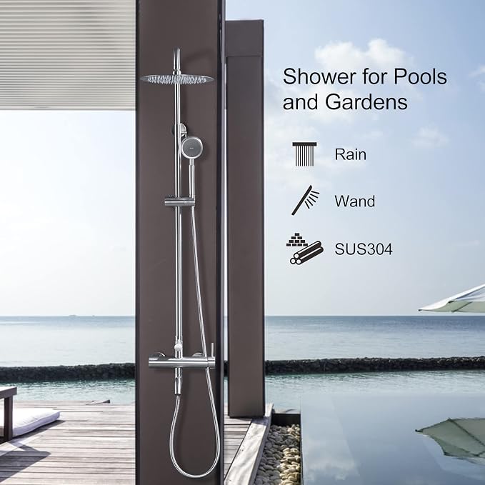 SS304 Outdoor Shower Kit - Brushed Nickel, High Pressure Shower Head with Handheld, Complete Shower System