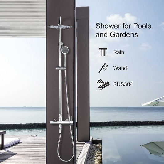SS304 Outdoor Shower Kit - Brushed Nickel, High Pressure Shower Head with Handheld, Complete Shower System