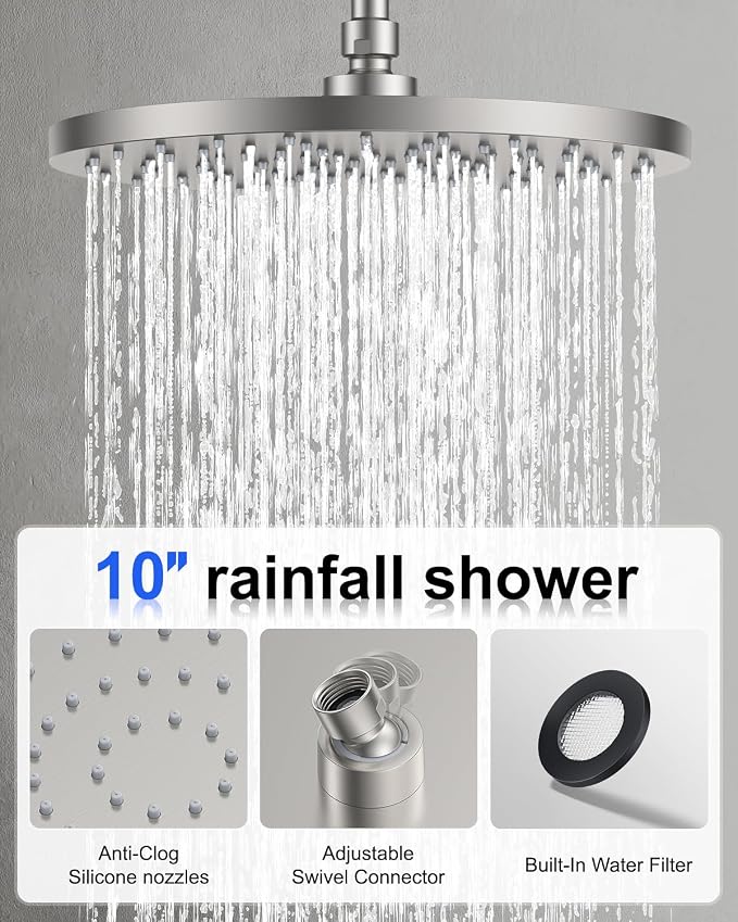 Iriber Brushed Nickel Shower head with Handheld,8"+10" Shower Faucet Set | 10 Inch Ceiling +8 Inch Wall Mount Dual Shower Heads,Push Button Diverter,3 Setting Handheld,Pressure Balance Valve Cartridge