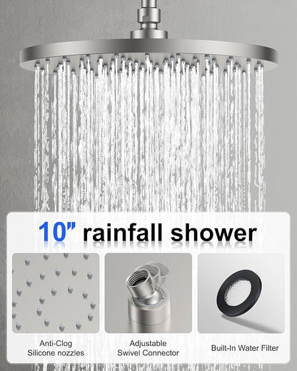 Iriber Brushed Nickel Shower head with Handheld,8"+10" Shower Faucet Set | 10 Inch Ceiling +8 Inch Wall Mount Dual Shower Heads,Push Button Diverter,3 Setting Handheld,Pressure Balance Valve Cartridge