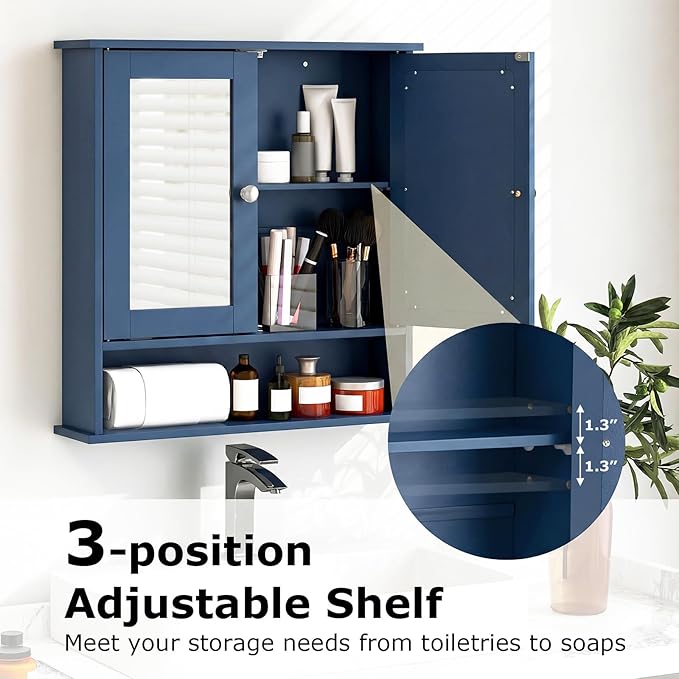 Tangkula Bathroom Medicine Cabinet with Mirror, Wall Mounted Wooden Hanging Organizer with Doors and Shelves, Bathroom Wall Mirror Cabinet (Mirror Doors, Blue)