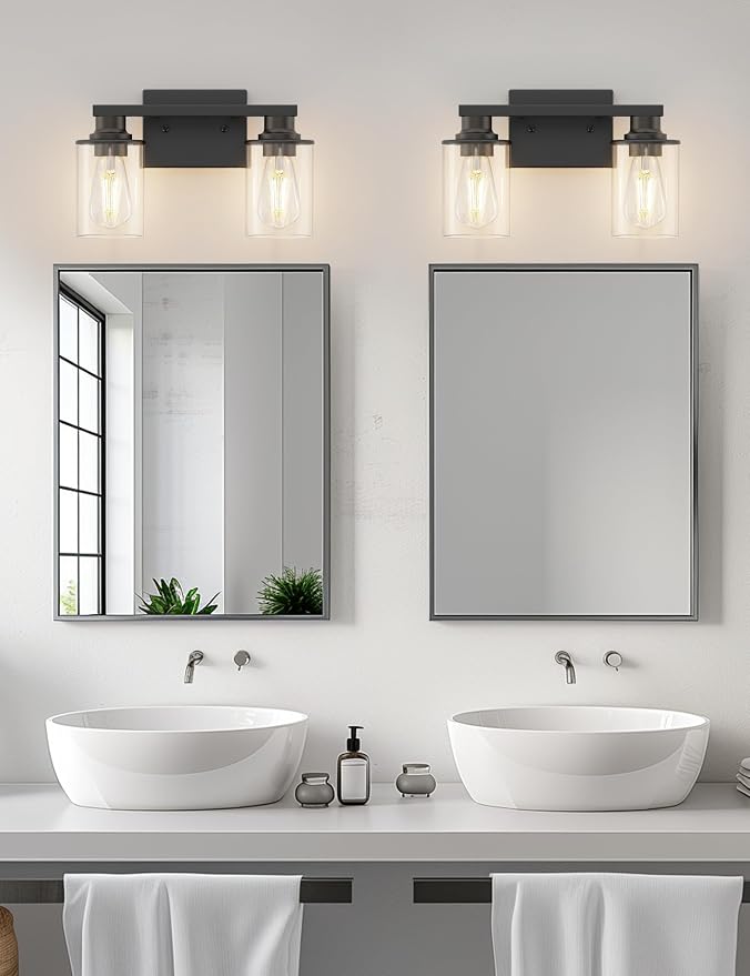 L LOHAS LED 2-Light Bathroom Vanity Light, Black | Clear Glass Shades; Modern Lighting Fixture for Bathrooms and Bedrooms; ETL Listed