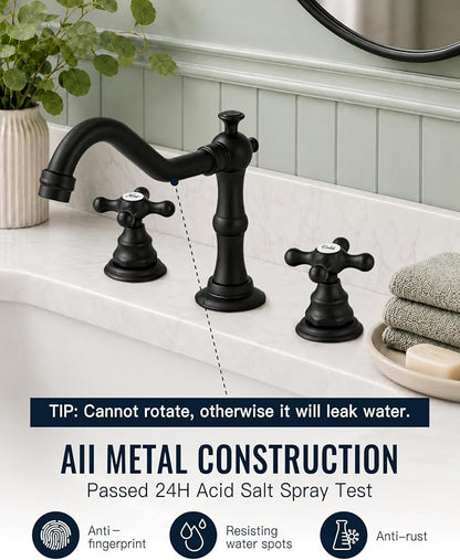 gotonovo Bathroom Faucet 3 Hole Vintage, Matte Black, Script Font Label | Widespread Bathroom Sink Faucet 8 Inch 2 Cross Handles,Pop Up Drain,cUPC Supply Line,4-15.7” Install,for Vanity Farmhouse RV