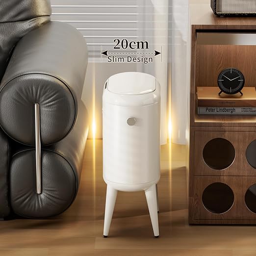 MRBIN Metal Slim Bathroom Motion Sensor Trash Can with Lid and Wheels, 13L / 3.4gal Electric Touchless Toilet Waste Basket with Legs for Narrow Vanity, Rvs, Dorm, Kitchen, Cream White