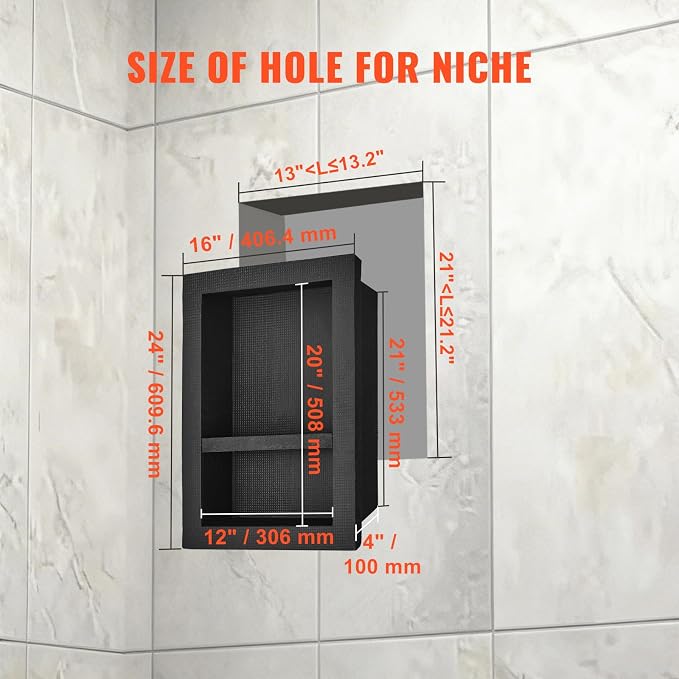 VEVOR Shower Niche Ready for Tile 16" x 24", Double Shelf Organizer, Square Corners Wall-inserted Niche Recessed, Sealed Protection Modern Soap Storage Niche for Shower Bathroom, Black