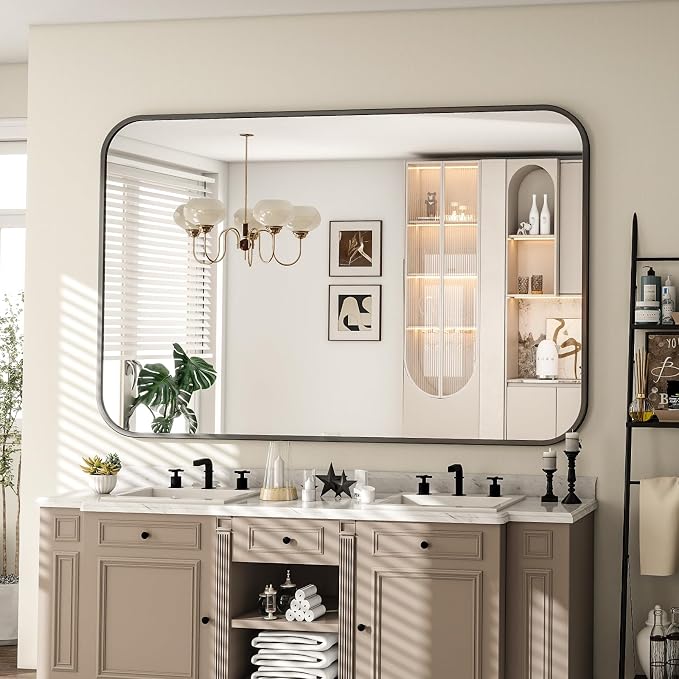 30x48 Inch Black Bathroom Vanity Mirror for Over Sink | Rectangle Wall Mirror for Bathroom with Round Corner, Hangs Horizontally Vertically for Living Room, Bedroom as Home Decor