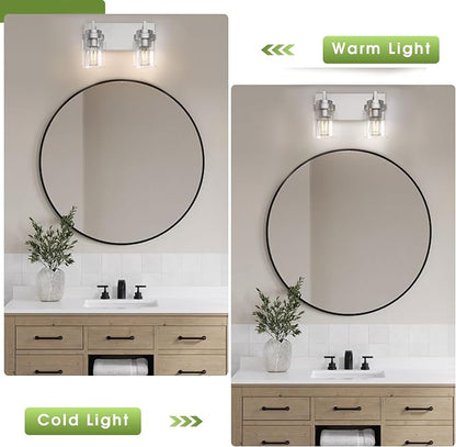 Bathroom Vanity Fixtures, 2 Light Matte Nickel Vanity Light with Clear Glass Shade, 15in Farmhouse wall Light, Lighting Fixture Over Mirror for Bathroom