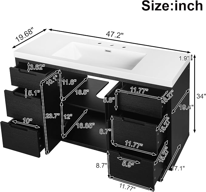 47.2" Bathroom Vanity with 6 Drawers & Resin Sink, Black | 47.2" bathroom vanity with 6 drawers, soft-close doors, SMC resin sink, adjustable shelf and modern design