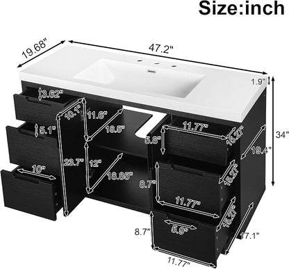 47.2" Bathroom Vanity with 6 Drawers & Resin Sink, Black | 47.2" bathroom vanity with 6 drawers, soft-close doors, SMC resin sink, adjustable shelf and modern design
