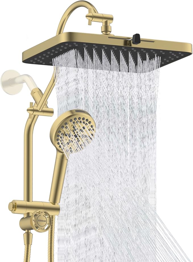 Hibbent cUPC Certified High Pressue 13'' Rainfall Shower Head with 5-Spray | Shower Heads with Handheld 10-Spray Combo, All Metal Easy Reach 4-way Diverter Arm, 71'' Hose & Holder, Brushed Gold
