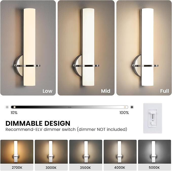 Brushed Nickel Bathroom Sconces Wall Lighting 5CCT LED Dimmable Modern Wall Sconces Set of Two Indoor Wall Lamps for Bedroom Living Room Mirror 15 inch (Hardwired)