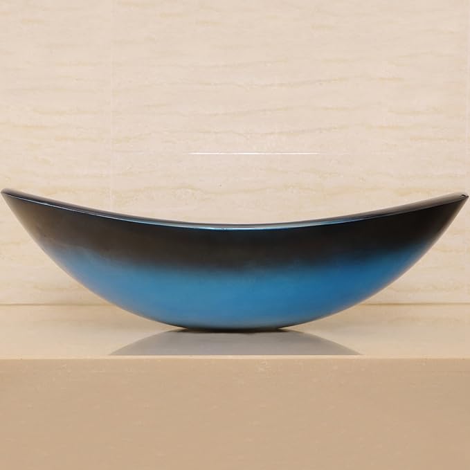 wonline Bathroom Oval Tempered Glass Vessel Sink with Oil Rubbed Bronze Faucet and Drain Combo Black and Blue Boat