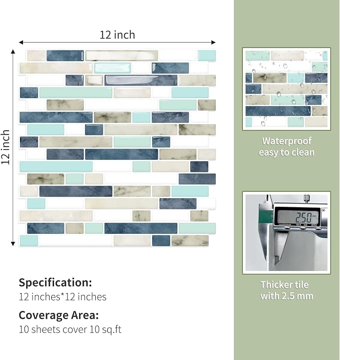 10 Sheets Thick Peel and Stick Kitchen Backsplash Tiles | 3D Waterproof Self Adhesive Wall Tile Stick on Backsplash for Kitchen,Bathroom and Fireplace(Mixed Blue,12"×12")