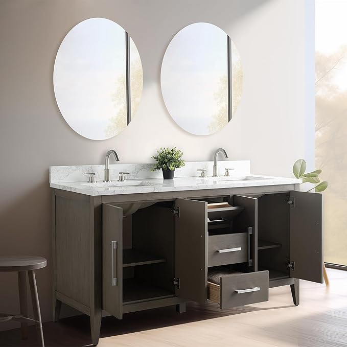 Vanity Art 60 inch Bathroom Vanity with Double Sink & Ceramic Top, Vanity Cabinet with Soft-Closing Doors, Drawers, Solid Wood Frame, Driftwood Gray, VA9060-DDG-GB1