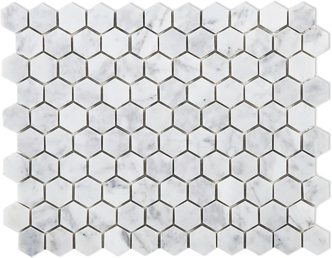Carrara White Marble Mosaic Tile,1 Inch Hexagon, Polished, 5 Sheets | Natural Bianco Carrera, Marble Stone Backsplash Tiles for Kitchen, Bathroom, Shower Wall and Floor