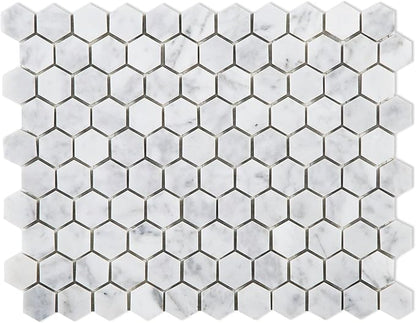 Carrara White Marble Mosaic Tile,1 Inch Hexagon, Polished, 5 Sheets | Natural Bianco Carrera, Marble Stone Backsplash Tiles for Kitchen, Bathroom, Shower Wall and Floor
