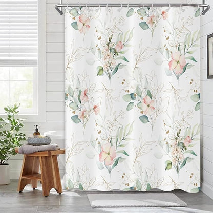 Spring Pink Floral Shower Curtain, Weighted Bottom Sage Green Eucalyptus Leaf Watercolor Botanical Plants with Gold Branches Fabric Bathroom Curtain Home Decor Waterproof Washable with 12 Hooks