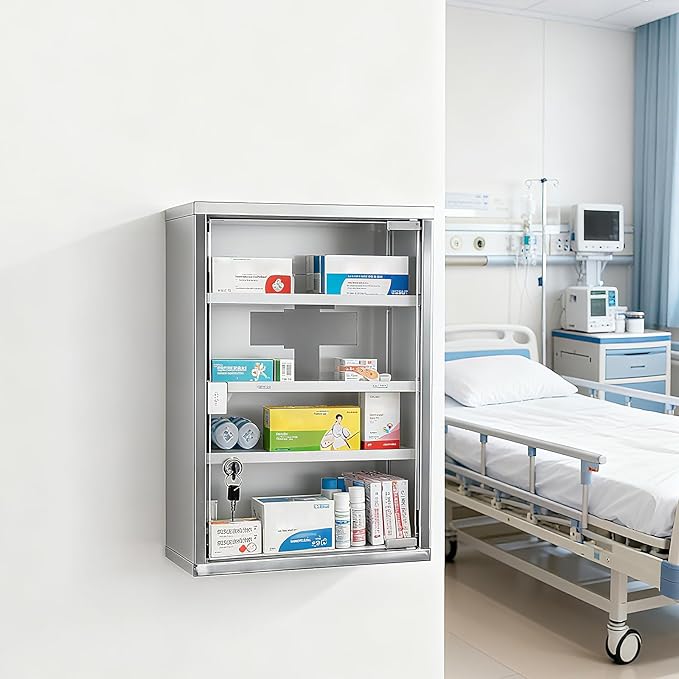 Locking Stainless Steel Medicine Cabinet, 3 Tier Wall Mounted Storage Cabinet, Durable Stainless Steel, Surface or Flush Mount, Ideal for Home, Office or First Aid, 11.8 * 4.7 * 17.7