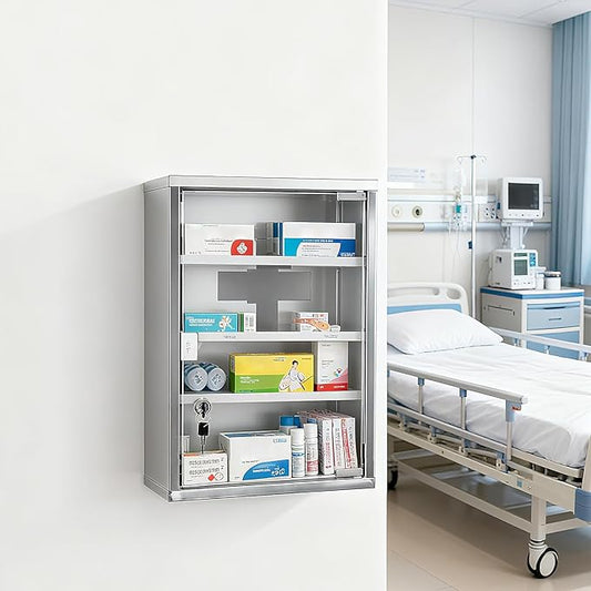 Locking Stainless Steel Medicine Cabinet, 3 Tier Wall Mounted Storage Cabinet, Durable Stainless Steel, Surface or Flush Mount, Ideal for Home, Office or First Aid, 11.8 * 4.7 * 17.7