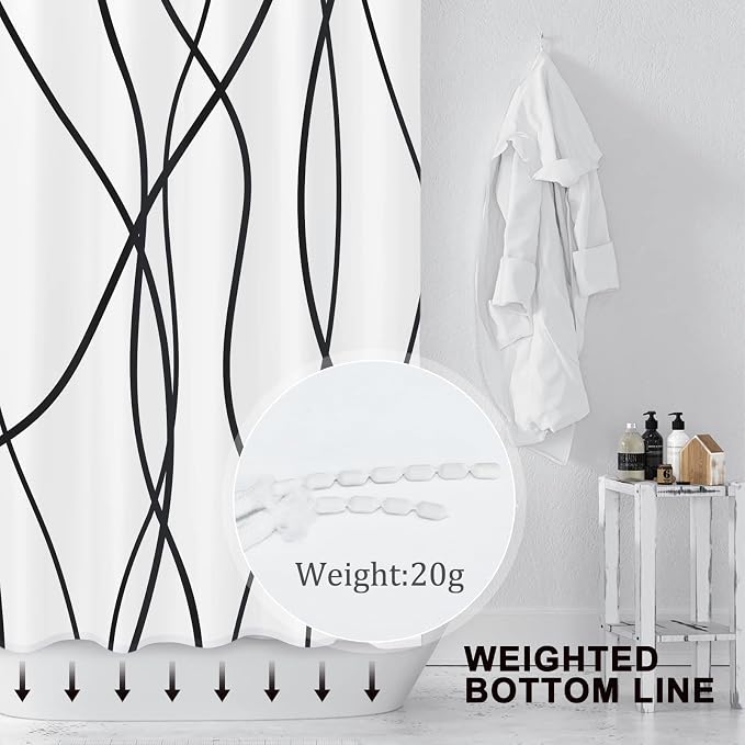 Striped Shower Curtain for Bathroom, White Black, 72" W x 72" L | with Hooks, Modern Hotel Style, Water Repellent, Washable, Weighted Hem