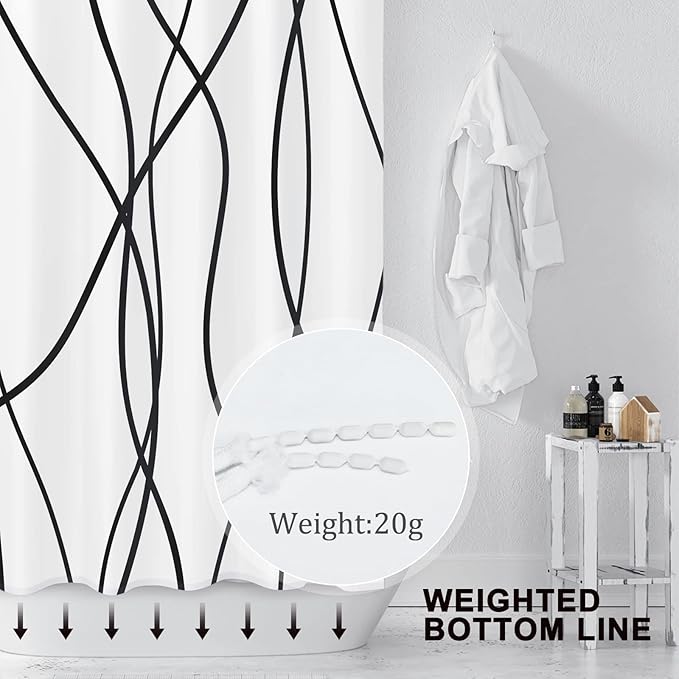 Striped Shower Curtain for Bathroom, White Black, 72" W x 84" L | with Hooks, Modern Hotel Style, Water Repellent, Washable, Weighted Hem
