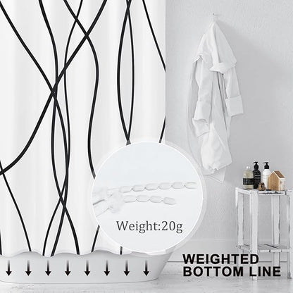 Striped Shower Curtain for Bathroom, White Black, 72" W x 84" L | with Hooks, Modern Hotel Style, Water Repellent, Washable, Weighted Hem