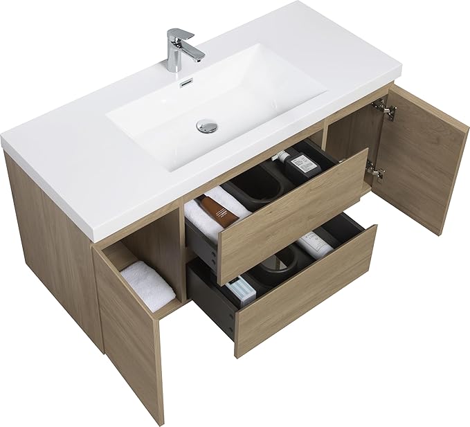 48 Inch Floating Bathroom Vanity with Single Sink, Modern Wall-Mounted Bathroom Vanity Storage Cabinet Organizer with 2 Soft Closing Doors and 2 Drawers (Natural Oak)