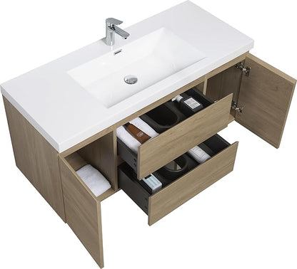 48 Inch Floating Bathroom Vanity with Single Sink, Modern Wall-Mounted Bathroom Vanity Storage Cabinet Organizer with 2 Soft Closing Doors and 2 Drawers (Natural Oak)