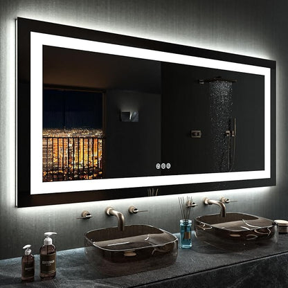 LOAAO 55"X30" RGB LED Bathroom Mirror with Lights, UL Listed | Anti-Fog, Dimmable, RGB Backlit + Front Lighted, Memory Function, Tempered Glass