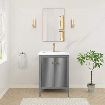 HOMEBEYOND 24" Bathroom Vanity with Ceramic Sink, Solid Wood Free-Standing Vanities Cabinet, Ceramic Top, Golden Brushed Handware & Soft Closing Door, Cashmere Gray