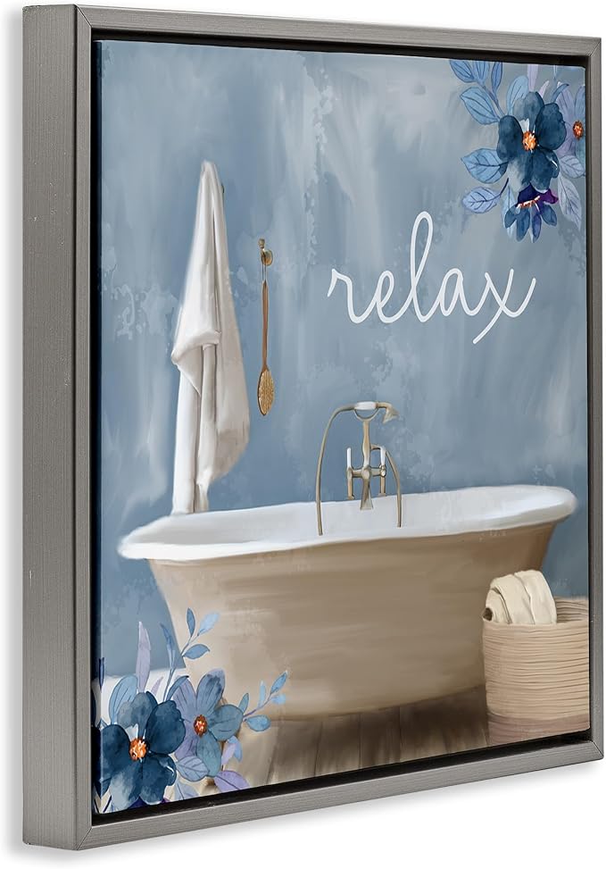 Blue Floral Bathroom Relax Scene, 17 x 17 Inch Canvas in Floater Frame | Stupell Industries · By Kim Allen · Ready to hang · Perfect for bath or laundry decor · Made in USA