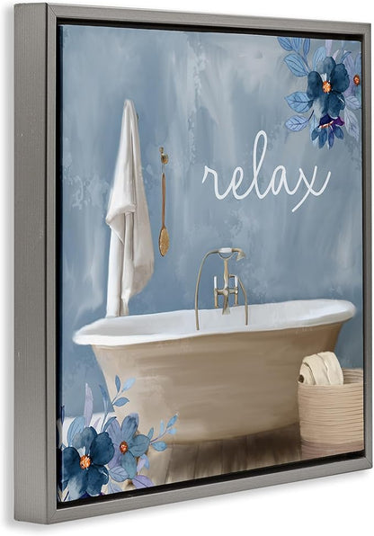 Blue Floral Bathroom Relax Scene, 17 x 17 Inch Canvas in Floater Frame | Stupell Industries · By Kim Allen · Ready to hang · Perfect for bath or laundry decor · Made in USA